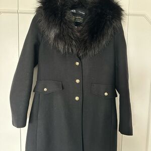 Zara Black Pea Coat with Faux Fur Collar